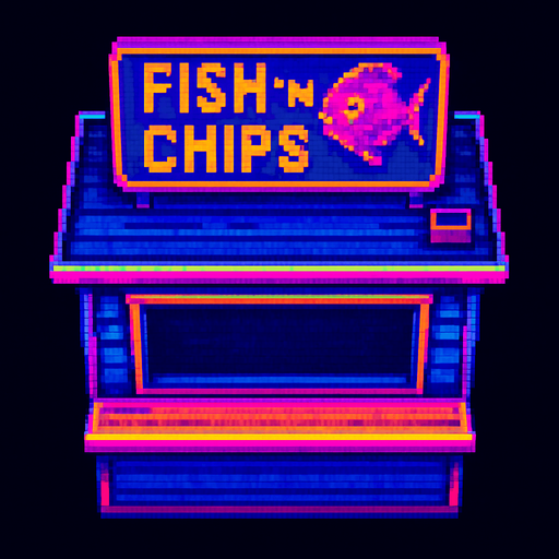 A fish and chips shack with a big counter in the front and a large open window behind. Large sign on roof says "Fish 'n Chips" with a cartoon fish. Seen from top down view with the front of the shack facing down.