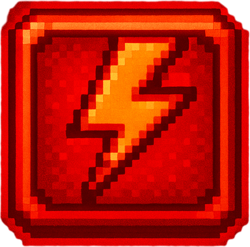 Pixel art of a red power-up icon with a bold lightning bolt symbol inside. Represents a temporary speed boost in a retro-style arcade game. Glowing red, square icon.
In-Game asset.  2d.  High contrast.  No shadows