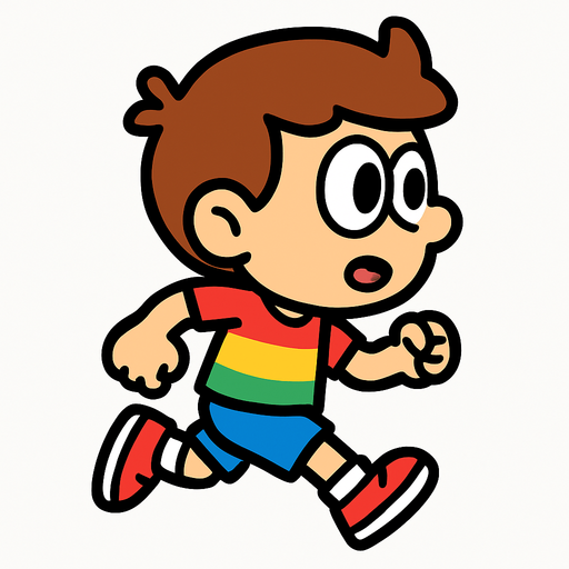 The character is a small 2D cartoon-style human with a big head and simple features. They have large eyes, a small mouth, and wear a colorful T-shirt, shorts, and sneakers. The colors are bright and friendly to make the character look playful and fun. The game is shown from a side view, so the character is always seen from the side. Only provide the running sprite, showing the character moving with simple leg and arm movements..
In-Game asset.  2d.  High contrast.  No shadows