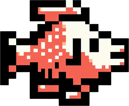 8-bit profile of fish for arcade game.
Single Game Texture. In-Game asset. 2d. Blank background. High contrast. No shadows.