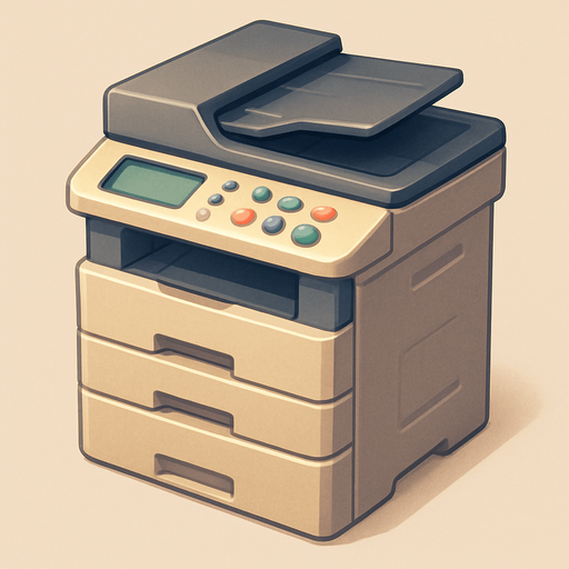 A copy printer. Cute soft graphics. soft ambient light. semi-matte to satin surfaces. naturalistic with slight saturation boost colors. 
In-Game asset.  2d.  High contrast.  No shadows. top down..
In-Game asset.  2d.  High contrast.  No shadows