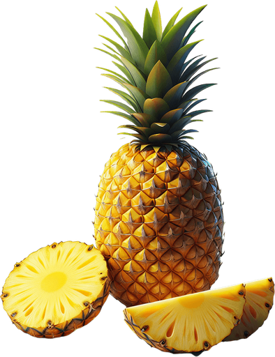 A pineapple with a few slices of pineapple in front.
Single Game Texture. In-Game asset. 2d. Blank background. High contrast. No shadows.
