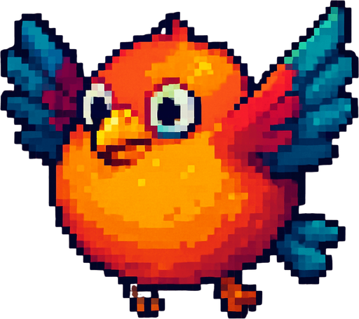 Big fat flaying bird ( Piksel art). Cute. Colorful 
In-Game asset.  2d.  High contrast.