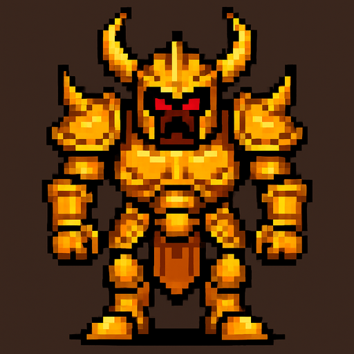 boss düşman altın zırh pixel art.
In-Game asset.  2d.  High contrast.  No shadows