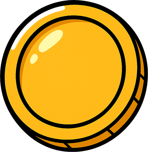 Simple golden coin, rounded, shiny, big black outline, funny
