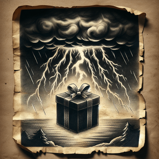 a pergament of a christmas present hit by a storm lightning in the sky. There is the text: "Gifts are not guaranteed to withstand storm damage."