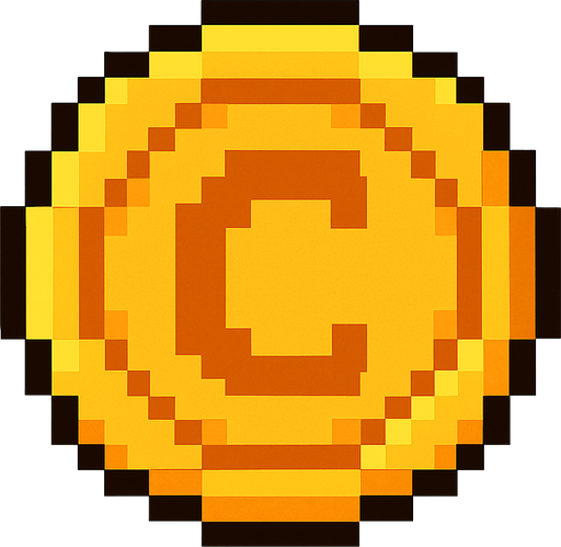 A pixelated coin.
In-Game asset.  2d.  High contrast.  No shadows