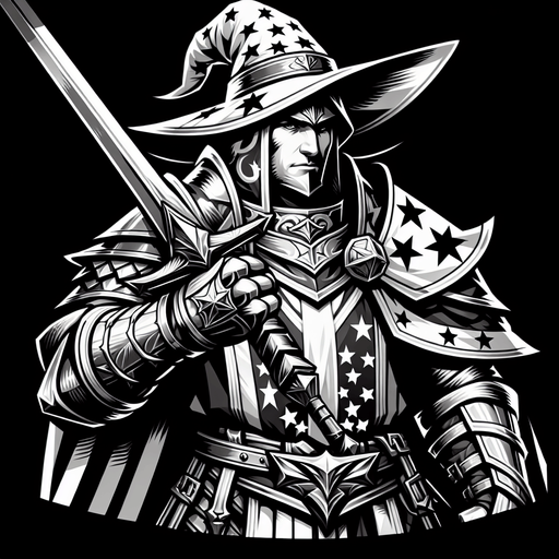 Heroic wizard knight wearing knight armor with a star pattern and wielding a sword..
Single Game Texture. In-Game asset. 2d. Blank background. High contrast. No shadows.