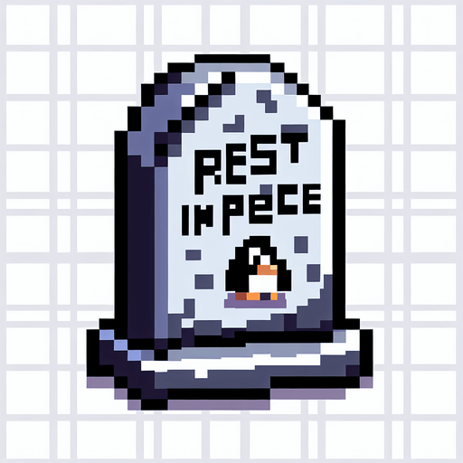 penguin RIP stone. pixelated. 8 bit. Single Game Texture. In-Game asset. 2d. Blank background. High contrast. No shadows.