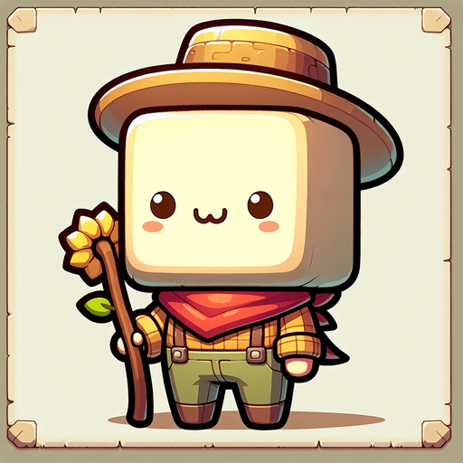 A little farmer that is comically square shaped..
Single Game Texture. In-Game asset. 2d. Blank background. High contrast. No shadows.