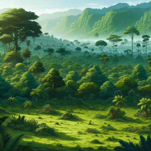 It's a 2D planar background. It's a jungle with green grass growing all over the ground and thick forests surrounding it..
Single Game Texture. In-Game asset. 2d. Blank background. High contrast. No shadows.