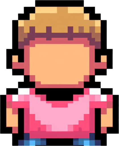 8bit character. Pink tshirt. Seen from the sky. Only see head and arms. Single Game Texture. In-Game asset. 2d. Blank background. High contrast. 
Single Game Texture. In-Game asset. 2d. Blank background. High contrast. No shadows. Single Game Texture. In-Game asset. 2d. Blank background. High contrast. No shadows.