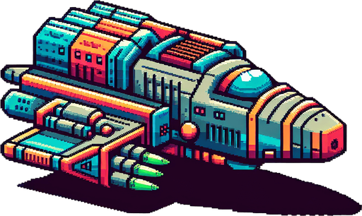 futuristic spaceship old nintendo game sprite.
Single Game Texture.  In-Game asset.  2d.  Blank background.  High contrast.  No shadows