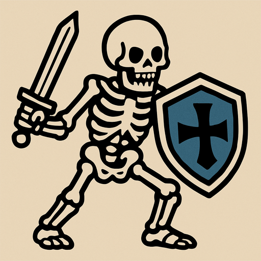 un esqueleto con espada y escudo.
In-Game asset.  2d.  High contrast.  No shadows