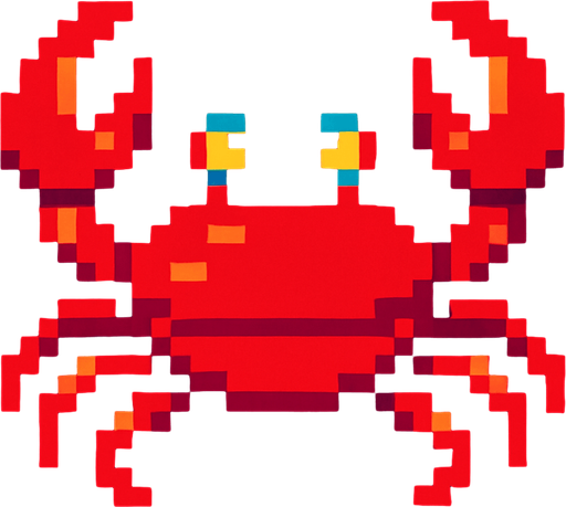 A small red crab. 80s arcade machine graphics..
In-Game asset.  2d.  High contrast.  No shadows