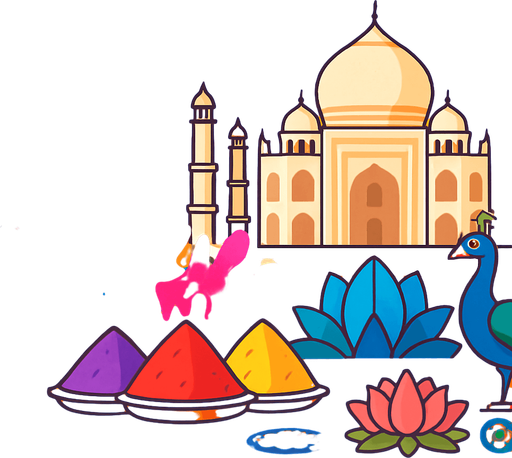 A vibrant, colorful 2D cartoon-style background inspired by India. Include iconic Indian elements such as the Taj Mahal, Lotus Temple, Indian palace architecture, Holi color splashes, and hanging lanterns. Surround the scene with peacocks, lotus flowers, temple bells, or traditional rangoli patterns. The atmosphere should feel festive and spiritual, with a warm sunset or golden light. Designed in a flat, game-friendly illustration style (vector/cartoon), perfect for a level themed around traditional Indian music. Export in 1920x1080 (landscape), without characters or text..
In-Game asset.  2d.  High contrast.  No shadows