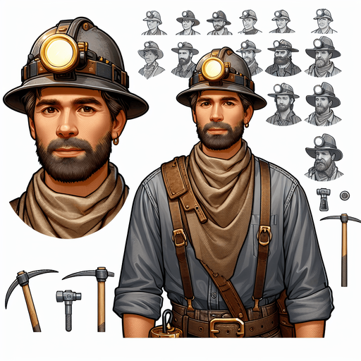 Miner.
Single Game Texture.  In-Game asset.  2d.  Blank background.  No shadows