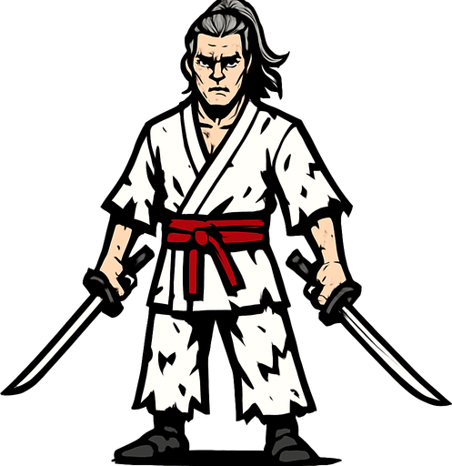 A white-clothed male samurai with torn clothes, long gray hair tied back, pale skin, red belt on his waist, holding two swords, standing confidently, simple pose, no background, front-facing, 2D game character.
In-Game asset.  2d.  High contrast.  No shadows