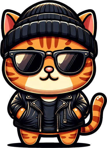 The character in the image is a cartoon-style, orange tabby cat with noticeable stripes. It has a round face, adorned with a pair of oversized, black wayfarer sunglasses, and atop its head sits a cool black beanie hat. The cat's body is smaller in comparison to its head, emphasizing its cute, chubby appearance. It's clad in a cool black leather jacket, adding an edge to its look. Positioned with its paws visible in front, the cat showcases a relaxed posture. The overall style is playful and whimsical, making it an ideal choice for a casual mascot or a character in a children's book..
Single Game Texture. In-Game asset. 2d. Blank background. High contrast. No shadows.