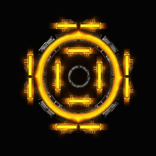 Dark circular power up with three bright yellow arrows pointing upwards.
Game Texture. In-Game asset. 2d. Pixelart. White background. Blank background. Low detail. High contrast.