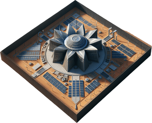 Zenith view of Dune's Wind Trap power facility square fence.
Ressembles a bit to Sydney's Opera. Zenith view Directly from above.