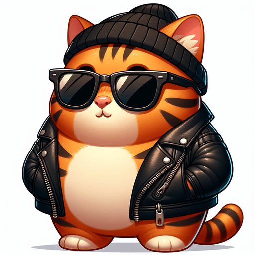 The character in the image is a cartoon-style, orange tabby cat with noticeable stripes. It has a round face, adorned with a pair of oversized, black wayfarer sunglasses, and atop its head sits a cool black beanie hat. The cat's body is smaller in comparison to its head, emphasizing its cute, chubby appearance. It's clad in a cool black leather jacket, adding an edge to its look. Positioned with its paws visible in front, the cat showcases a relaxed posture. The overall style is playful and whimsical, making it an ideal choice for a casual mascot or a character in a children's book..
Single Game Texture. In-Game asset. 2d. Blank background. High contrast. No shadows.