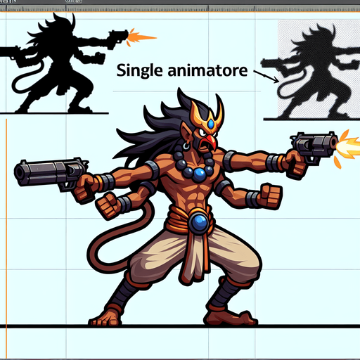 2d animation garuda man play shoot 2 gun 2 direction left and right.
Single Game Texture.  In-Game asset.  2d.  Blank background.  High contrast.  No shadows