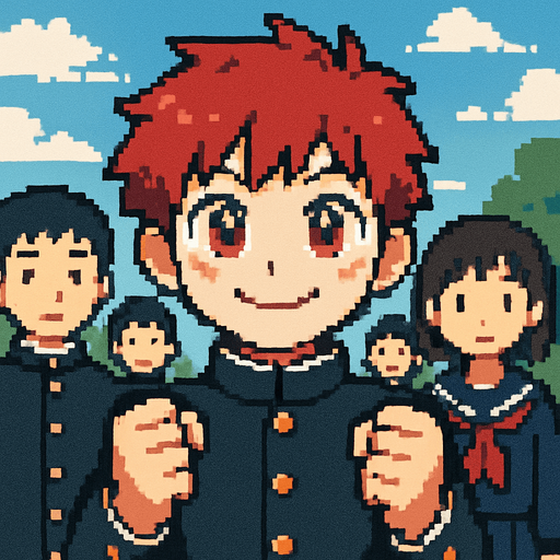 A cute 15-year-old red-haired boy with red eyes, wearing a traditional Japanese school uniform (gakuran). He has a big closed-mouth smile, shining eyes, and clenched fists held forward, as if encouraging himself. Behind him, other Japanese students can be seen. The scene is illustrated in Pixel Art style..
In-Game asset.  2d.  High contrast.  No shadows