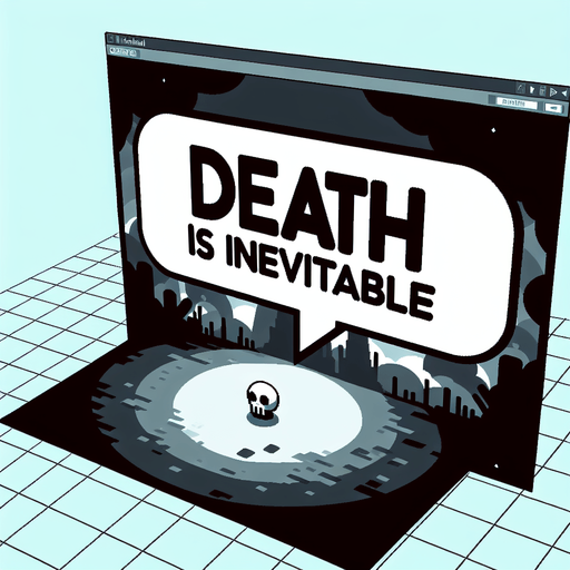 "Death Is Inevitable" Text Bubble Single Game Texture. In-Game asset. 2d. Blank background. High contrast. No shadows.
