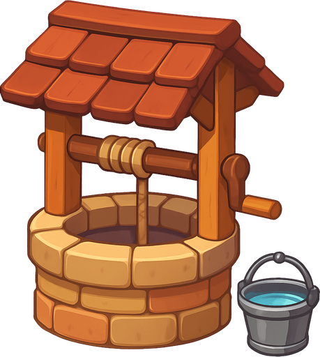 Un pozo con una cubeta llena de agua.
In-Game asset.  No shadows