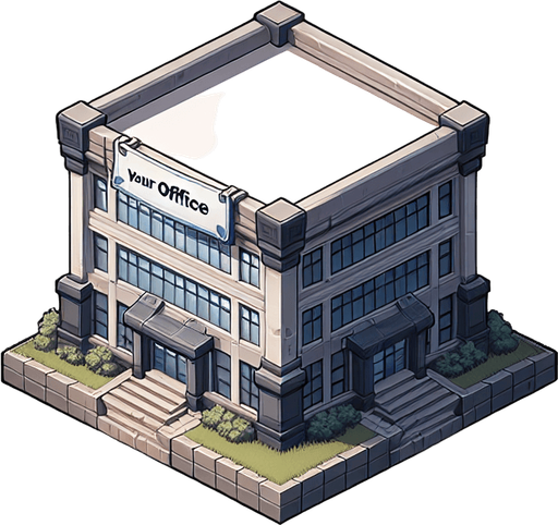 A square building having a banner where we can change name of aur office.
Single Game Texture. In-Game asset. 2d. Blank background. High contrast. No shadows.