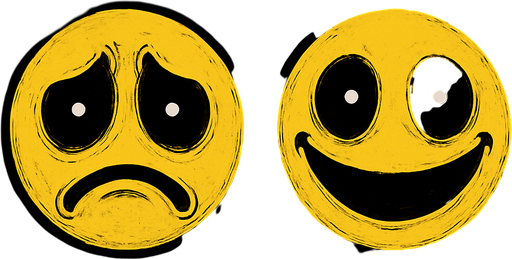 Creepy sad and happy emoji with black eyes and white people's.
In-Game asset.  High contrast.  No shadows