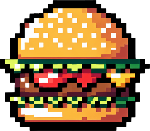 8 bit anime image delecious burger.
Single Game Texture.  In-Game asset.  2d.  Blank background.  High contrast.  No shadows