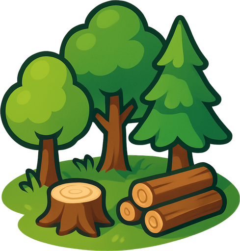 Crea un nodo de recurso de Bosque de Madera en un estilo 2D renderizado, limpio y cartoonish, con contornos claros y definidos, colores vibrantes con transiciones suaves, y sombreado que dé volumen. Debe ser fácilmente reconocible como una fuente de madera.

Estructura Principal: Un pequeño grupo de árboles estilizados de diferentes alturas y formas. Los troncos deben ser marrones y las copas verdes (variedad de tonos de verde).

Suelo: Un poco de hierba verde alrededor de las bases de los árboles.

Recursos Visibles: Debería haber algunos troncos cortados o pilas de madera pequeñas cerca de los árboles para indicar que es una fuente activa de madera.

Claridad: Debe haber suficiente espacio entre los elementos para que los trabajadores puedan interactuar con ellos visualmente.

Dimensiones Sugeridas: Similar a los otros nodos de recursos (64x64 o 96x96 píxeles)..
In-Game asset.  2d.  High contrast.  No shadows