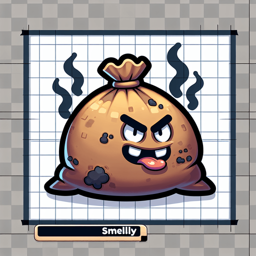 cartoon garbage bag smelly.
Single Game Texture.  In-Game asset.  2d.  Blank background.  High contrast.  No shadows