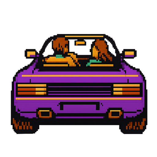 The red car from Out Run, the retro arcade game, vertical, lookip up, pixel  but now the car is of another color. There should be a man or a woman driver and a man or a lady on the copilot seat. Only draw the car the rest is transparent. Same perspective as the Out Run car.
In-Game asset.  2d.  High contrast.  No shadows