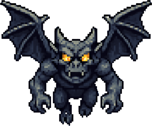 um gárgula voador com olhos brilhantes, pixel 32bits art style, vista aerea frontal.
In-Game asset.  2d.  High contrast.  No shadows