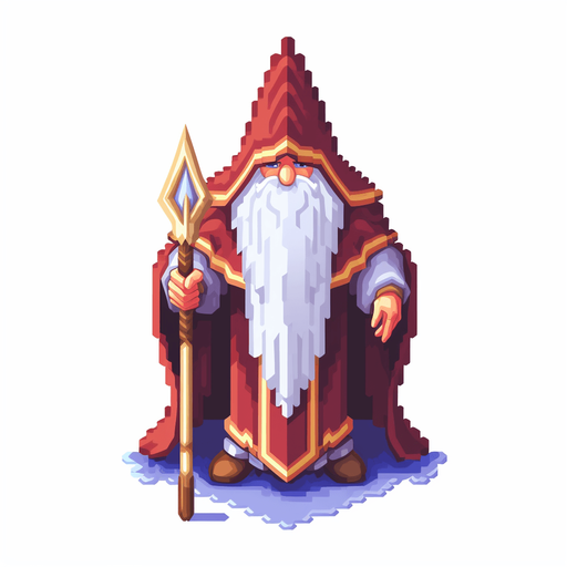 single wizard, hooded Pixel art, 16 bit, isometric, SNES, top-down, no background, white background, low resolution, symmetrical, seen from front.