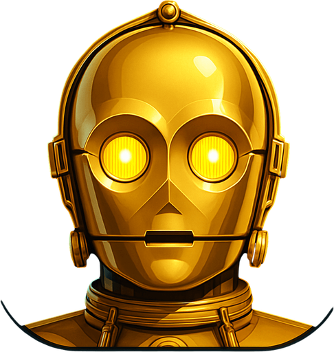 A clean and stylized game or app icon featuring only the head of C-3PO from Star Wars. His shiny golden metallic head is centered in the frame, with detailed mechanical textures, round glowing yellow eyes, and signature head plating. The background is dark and minimal, possibly with a soft sci-fi glow or subtle starfield, to enhance contrast and clarity. The composition is tight and symmetrical, designed to be easily recognizable at small sizes. Square or circular format, 1024x1024 resolution, high detail, sci-fi concept art style, iconic and polished..
In-Game asset.  2d.  High contrast.  No shadows