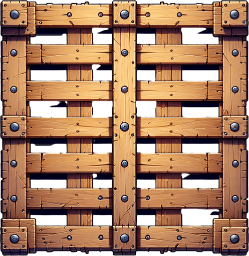 straigth zenith view square wooden pallet with big screws in each corner
Single Game Texture. In-Game asset. 2d. Blank background. High contrast. No shadows.
