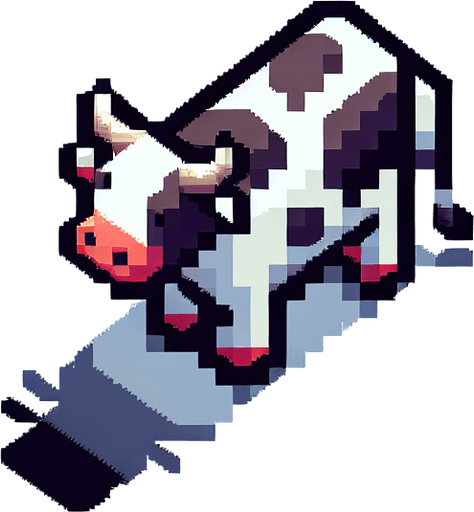 top down view of a pixel art cow.
Single Game Texture.  In-Game asset.  2d.  Blank background.  High contrast.  No shadows