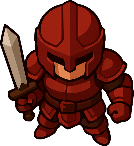 Guerrero vestido de cuero color rojo.
In-Game asset.  2d.  High contrast.  No shadows. Vista superior. Lineless. Chibi