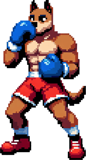 anthropomorphic dog wearing boxing shorts and boxing gloves, boxer, pixel art
Single Game Texture. In-Game asset. 2d. Blank background. High contrast. No shadows.