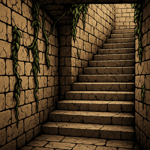 Mazmorra de ladrillos agrietados con lianas y escaleras que suben muy realista en 2D.
In-Game asset.  2d.  High contrast.  No shadows