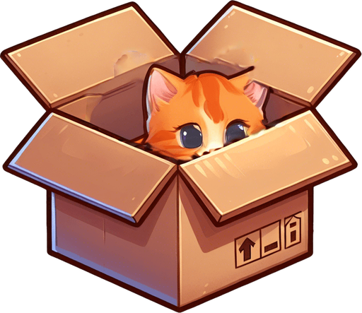 cute Chibi ginger cat look from the box into the camera. Cheeky, happy.