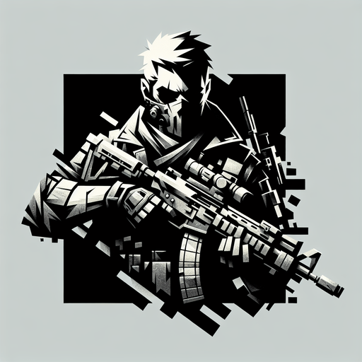 a cool player with gun seeing left size.
Single Game Texture. In-Game asset. 2d. Blank background. High contrast. No shadows.
