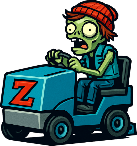 Un zombi con piel verdosa y pálida, cabello rojizo despeinado y un gorro de lana rojo. Viste un chaleco de mezclilla sin mangas sobre una camiseta negra y pantalones de mezclilla. Está sentado en un vehículo de mantenimiento de hielo azul y gris, similar a una Zamboni, con una gran "Z" roja en el frente. El vehículo tiene ruedas pequeñas y negras, y el Zomboni lo conduce con una expresión de asombro y determinación, con la boca abierta..
In-Game asset.  2d.  High contrast.  No shadows