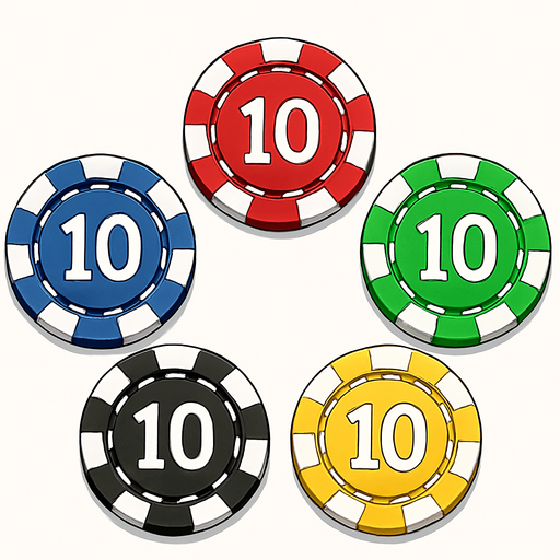 A set of five different colored poker chips seen from directly overhead. Anime style..
In-Game asset.  2d.  High contrast.  No shadows