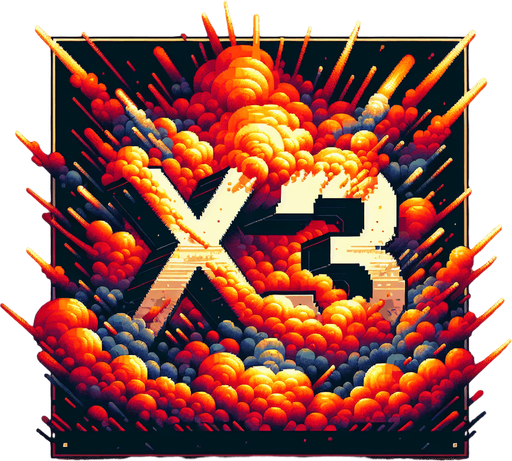 爆炸，里面有“X32”的字样,暖色调.
Single Game Texture. In-Game asset. 2d. Blank background. High contrast. No shadows.