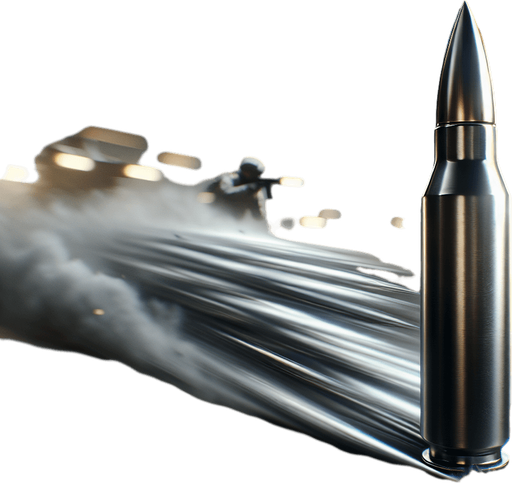 A high-speed enemy bullet in mid-flight, with a sleek, metallic surface reflecting light. The bullet is slightly blurred, showing its incredible speed and motion, cutting through the air. The background shows a dark, intense battlefield, with flashes of gunfire and smoke in the distance. The bullet leaves behind a small trail of air distortion or vapor, emphasizing its rapid movement. It has a sharp, pointed tip and appears to be shot from a modern military rifle, with its design sleek and aerodynamic..
Single Game Texture. In-Game asset. 2d. Blank background. High contrast. No shadows.